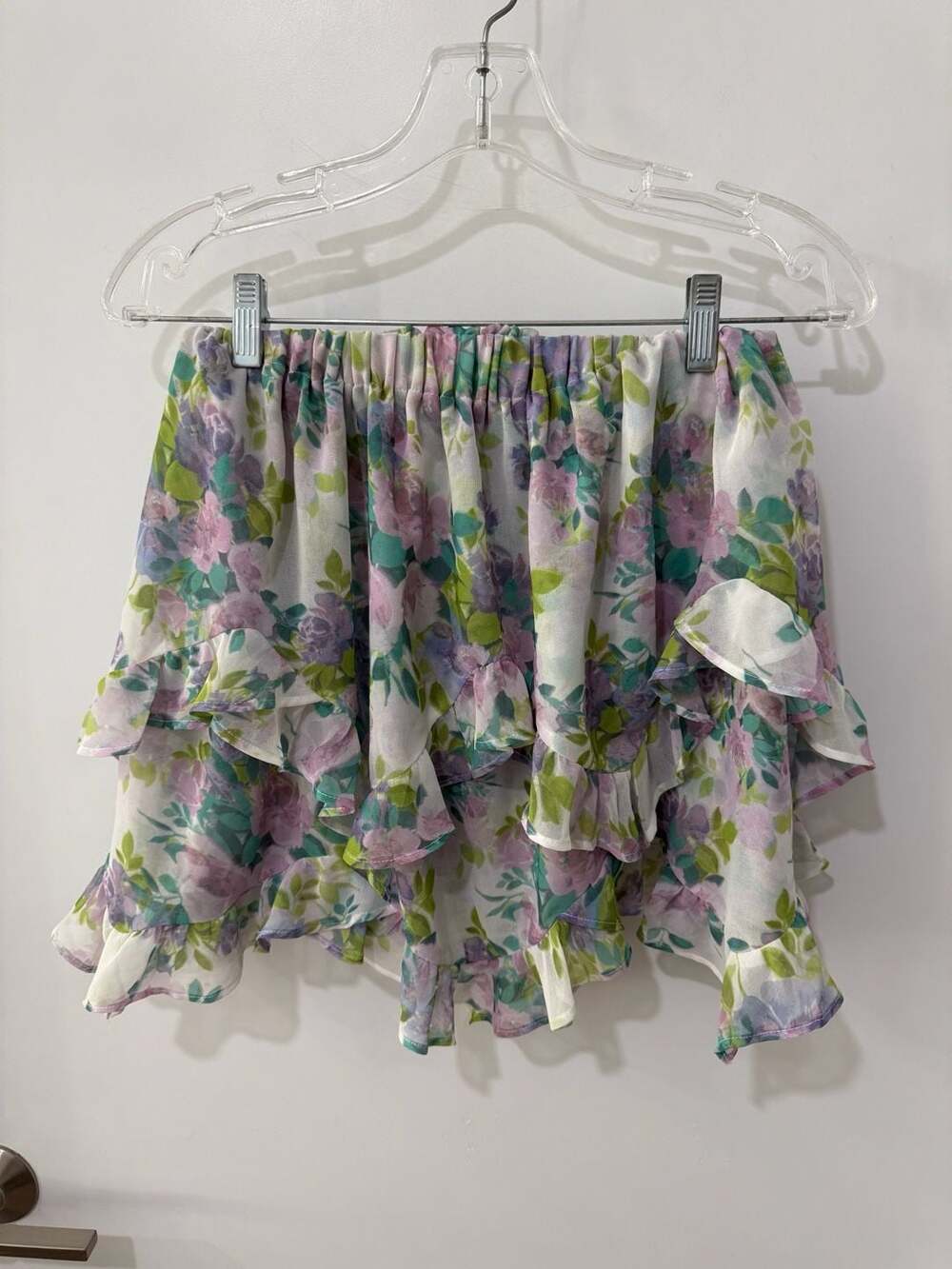 For Love & Lemons Evie Ruffled Floral Mini Skirt Lavender XS - Picture 2 of 7